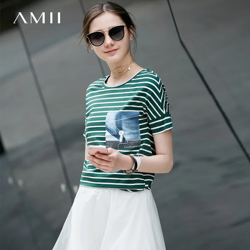

Amii Casual Women Vogue T-Shirts 2019 Summer Loose Stripe Print O Neck Short Sleeve Tees Tops