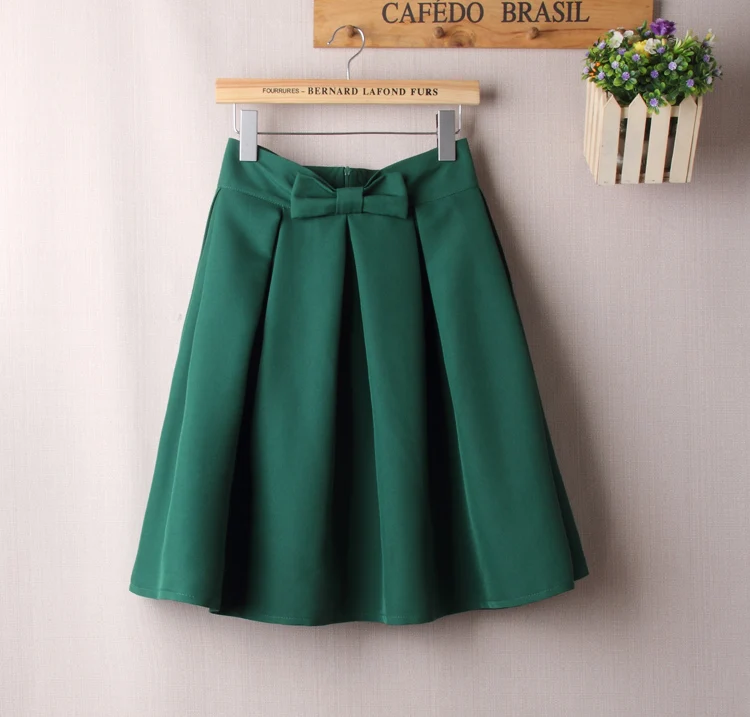 Vintage A Line Big Bow Side Zipper High Waist Pleated Knee Length Skirt