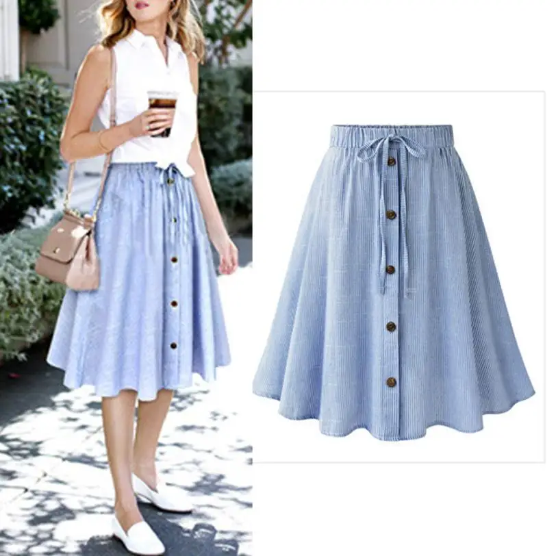 

CHAMSGEND Women Stripe Single-breasted Lace High Waist Plain Skater Flared Skirt Drop Shipping 4F2*
