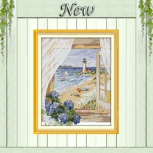 Vista al mar fuera de la ventana playa flores contadas impresión en lienzo DMC 14CT 11CT kits de punto de cruz bordado conjuntos DIY(China)
