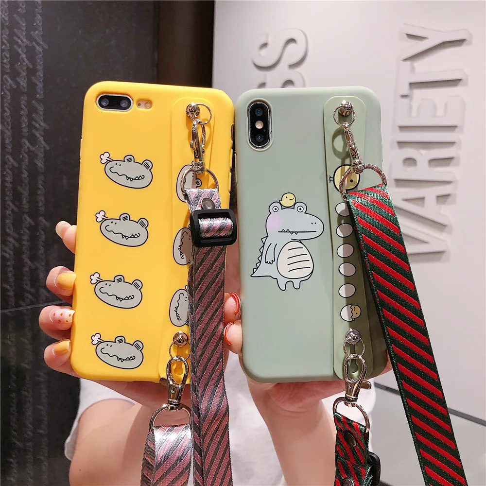 

Wrist Strap Case for IPhone X XR XS MAX Cute Cartoon Crocodile Soft Silicone Case for Iphone 7 6 8 Plus Lanyard Neck Strap Cover