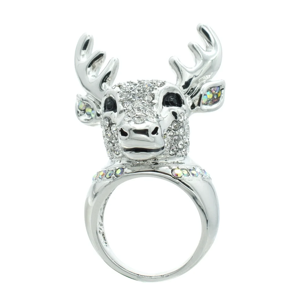 

Rhinestone Crystals Christmas Deer Reindeer Cocktail Ring Women Part Prom Jewelry Silver Color SR1816SIL