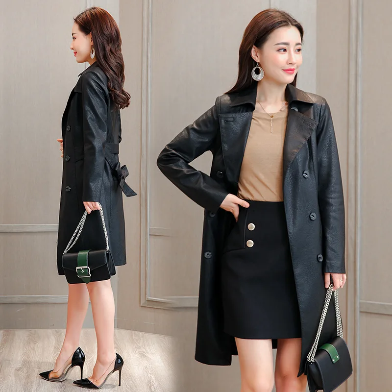 2019 Noir Mince Femmes Breasted Élégante Ceinture Vestes Manteau Dames Lxunyi Mode En Automne Tranchée Plus La Cuir Longue Double Taille dn80qH