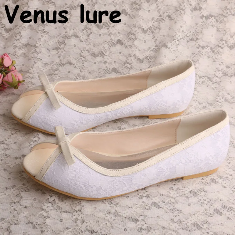 White Ballet Flat Lace Open Toe Occasion Shoes for Women for Weddings