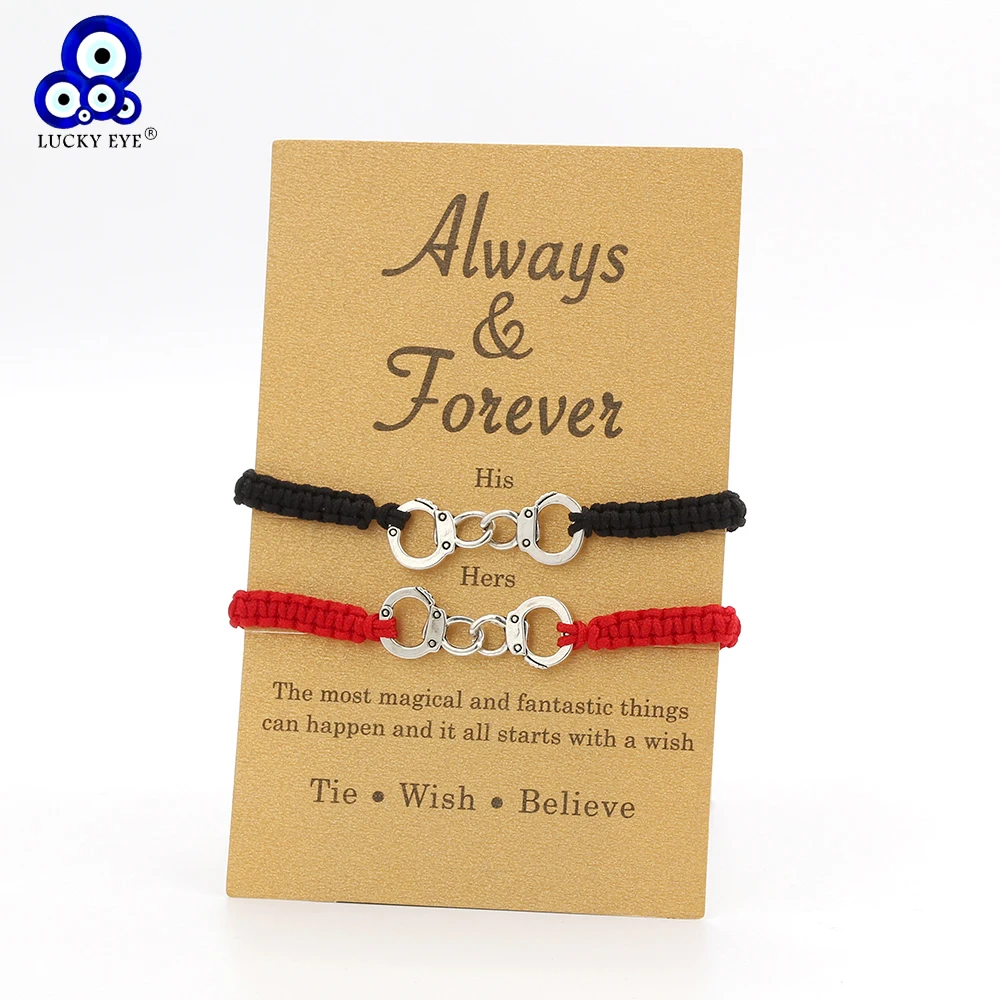 

Lucky Eye Handcuffs Charms Bracelet Black Red String Thread Rope Couple Bracelet Wish Card Bracelet For Women Men CN239