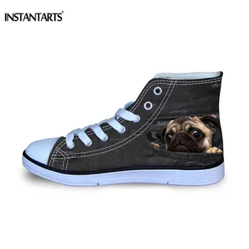

INSTANTARTS Kids Casual High Top Shoes Cute 3D Fake Black Denim Pug Dog Pattern Boys Girls Lace Up Sneakers Children Canvas Shoe