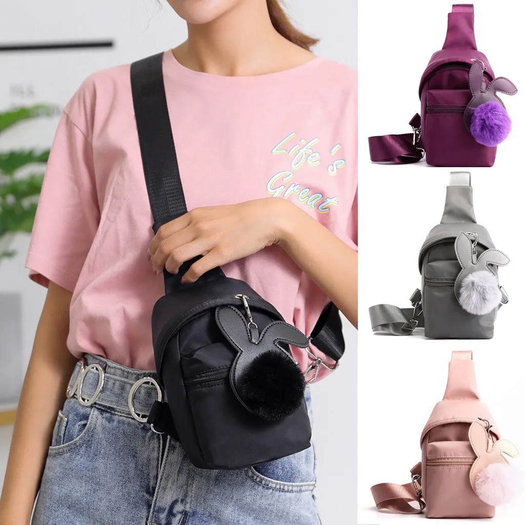 

Waist Bag Female Belt Women Outdoor Nylon Hairball Zipper Messenger Bag Sports Chest Bag Waist Bag Fanny Pack Mobile Phone Bag