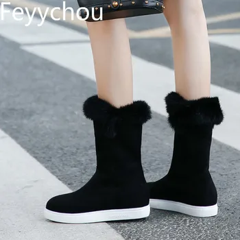 

Women Boots Autumn Winter Low Heel Warm Flock Slip on Mid-calf Chelsea Height Increasing Fur 2018 Sexy New Fashion Black Brown