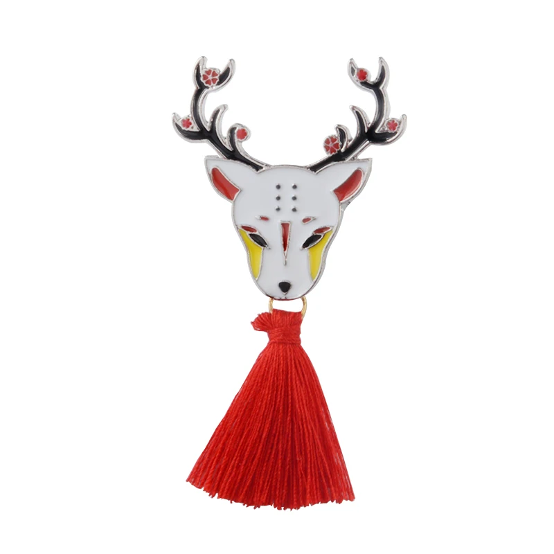 Заколки с животными в японском стиле с красными кисточками, лиса, олень, кролик, змея, брошь, эмалированный штифт рубашка с пряжкой, значок, подарок для девочек - Окраска металла: deer