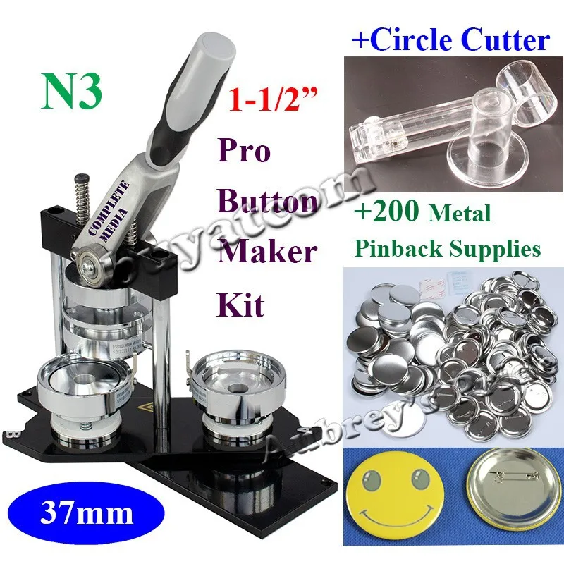 Новые Pro N3 1-1/": 37 мм производитель значков машина+ Регулируемая циркуль+ 200 компл. металла значки