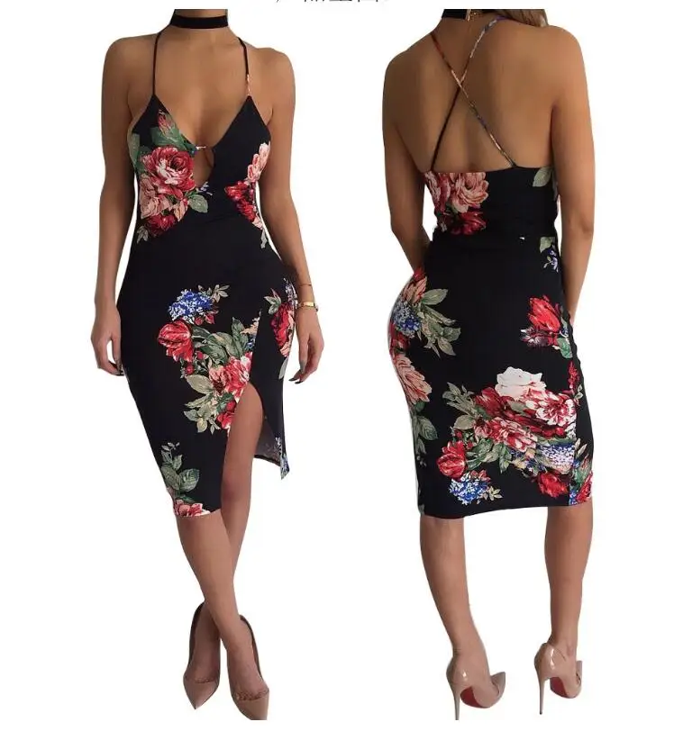 New Ladies Fashion Sexy Side Open Floral Print Strap Dress Slim Fit ...
