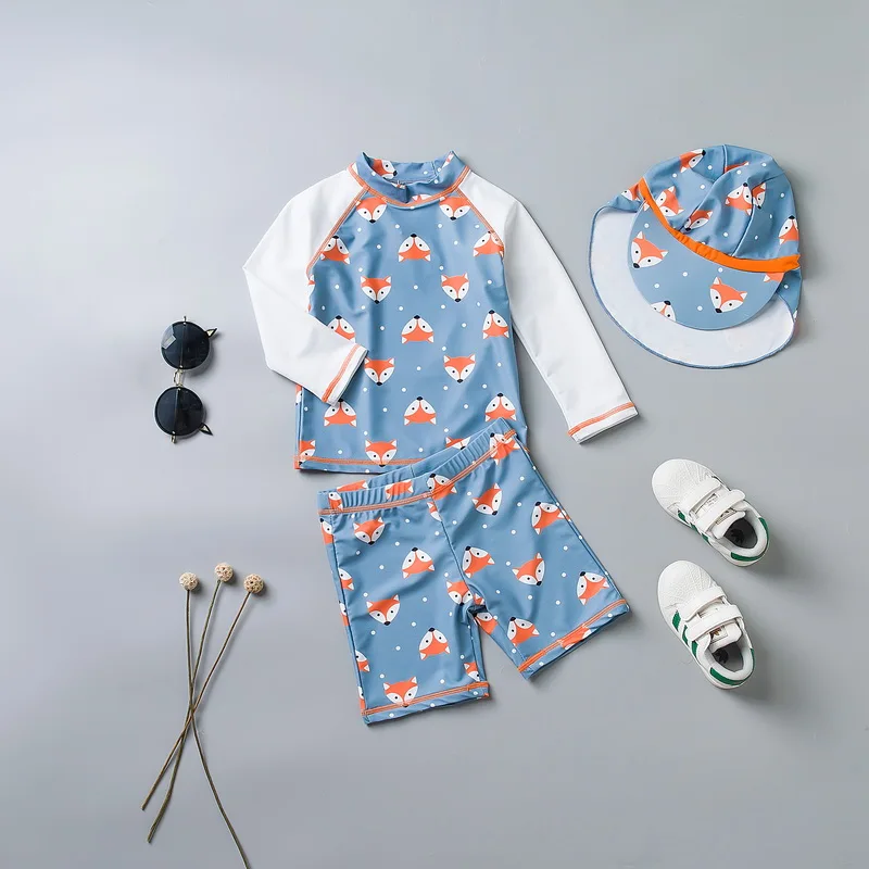 

Unisex Children Swimwear Baby Girls Boys Swimsuit Cartoon Fox UV Sun Protection Long Sleeve 2 Piece Kids Beachwear Bathing Suits