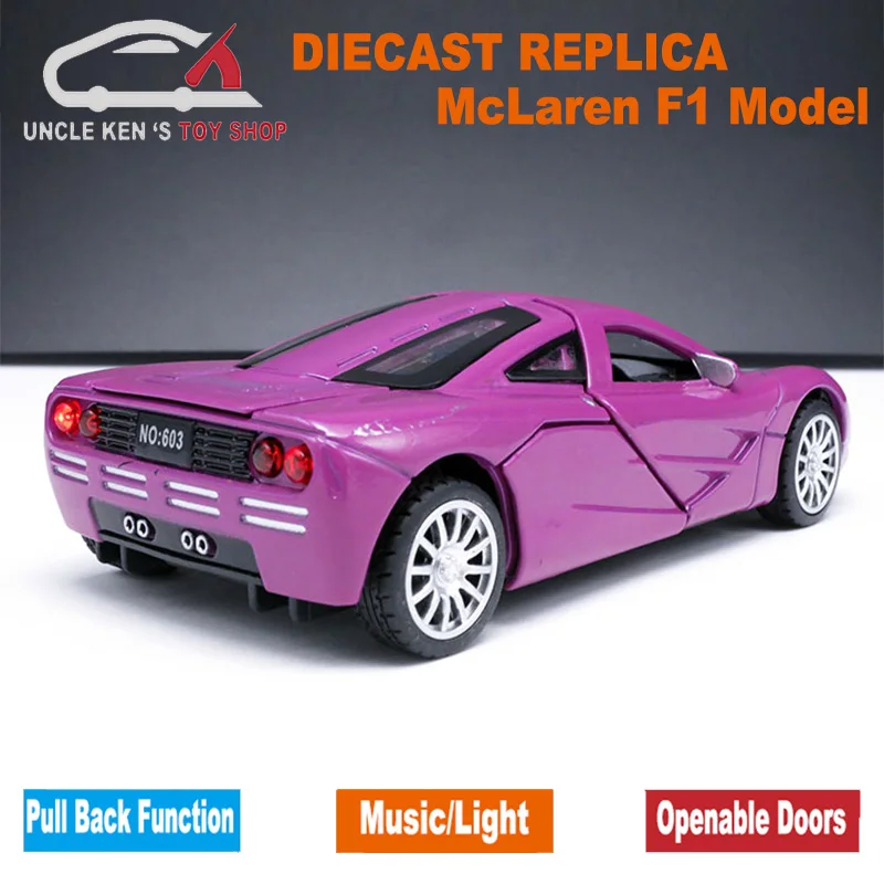 Kopen 15 cm Lengte Schaal McLaren F1 Diecast Model Auto, legering Speelgoed Met Muziek Licht Trek Functie Voor Kinderen Kids Als Gift