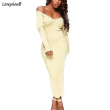 Loneyshow Autumn Winter Long Knitted Dresses Women 2018 new Dress Sexy V Neck Off Shoulder Slim Sheath Long Sleeve Bodycon Dress