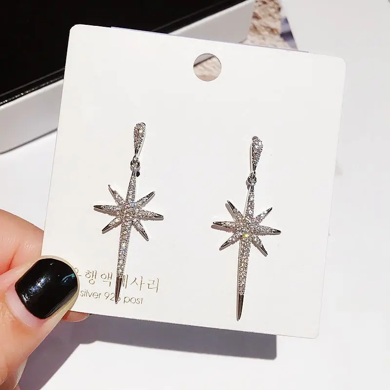 

High-end Large Long Star Earrings White Gold Color Micro Paved Cubic Zirconia Dangle Earrings Women Jewelry