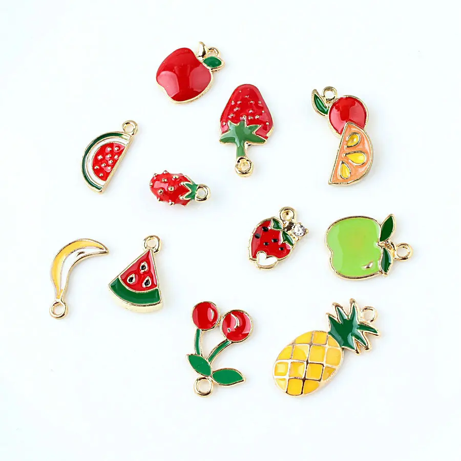 

MRHUANG Mix 10pcs/lot Oil Drop Zinc Alloy Colourful Fruit Charm Pendants Gold-Color Floating Enamel Fashion Jewelry Accessories