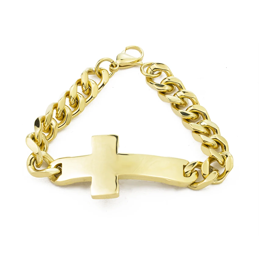 

Men Jewelry Gold Color Titanium Steel Cross Bracelet 22.5CM Crucifix Jesus Piece Cuban Link Hand Chain Bangle Birthday Gift