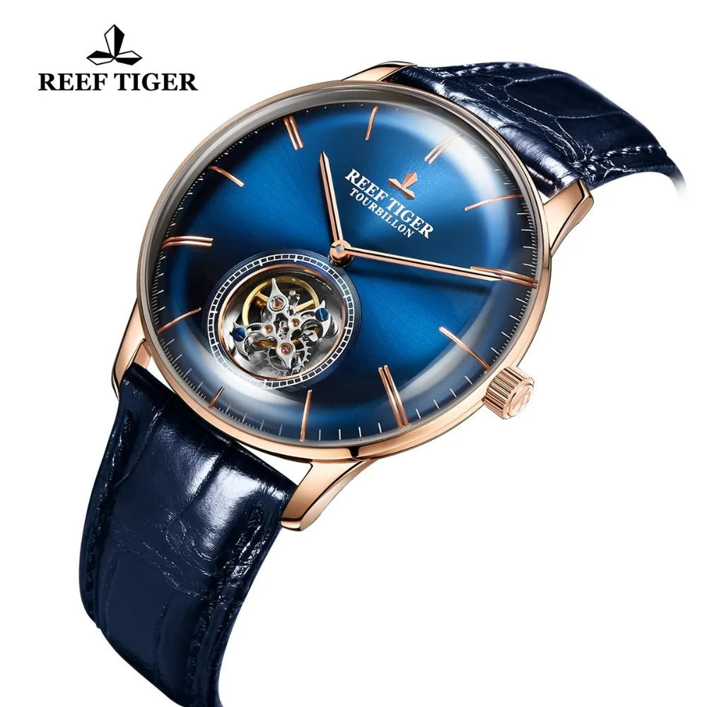 Reef Tiger/RT мужские роскошные брендовые часы Tourbillon из натуральной кожи синие розовые золотые автоматические часы Relogio Masculine RGA1930