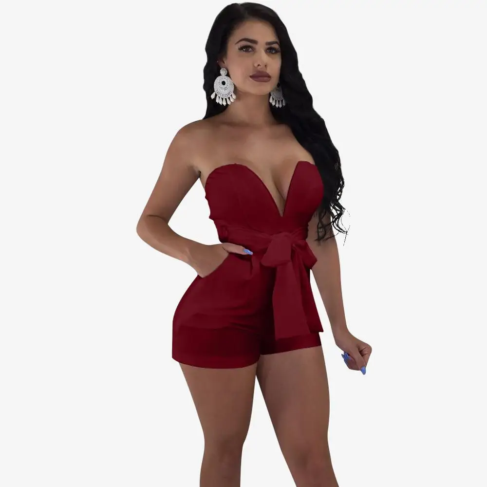 Сексуальные без бретелек женские летние костюмы пляжного типа Bodycon с открытыми плечами женский комбинезон сплошной цвет женские летние комбинезоны - Цвет: Бургундия