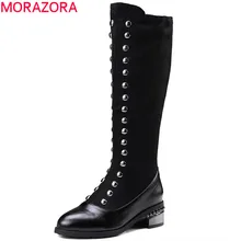 MORAZORA/ горячая распродажа; женские сапоги с острым носком из искусственной кожи и замши; сезон осень-зима модные сапоги до колена с заклепками простая обувь в стиле панк на молнии