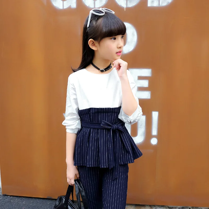 

Girls Set New Style Spring Girls Temperament Set Fashion Long Sleeve Striped Top + Pants Child Two-piece