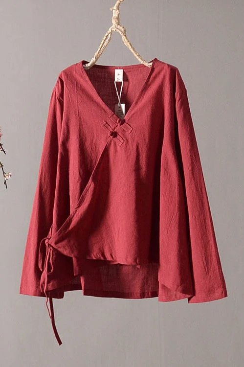 Китайская традиционная Женская одежда hanfu Топ Тан костюм китайская блузка китайские древние льняные рубашки с v-образным вырезом