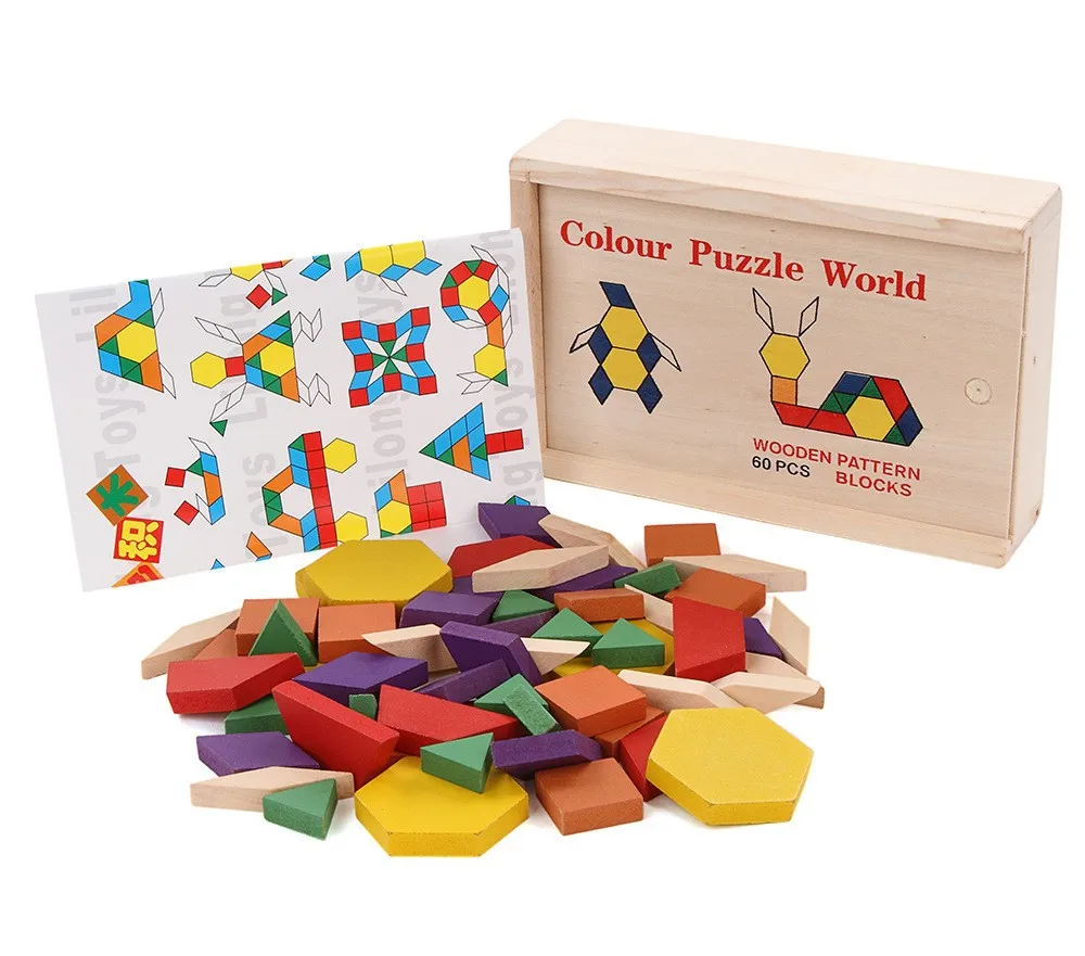 Wooden Toys Intelligence 60 Piece Tangram Puzzle Box Toys Children Ability Cognitive Graphics