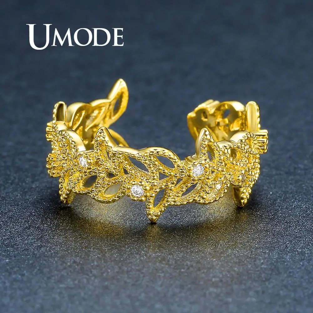 

UMODE Hollow Carving Open Rings For Women Leaves Open Rings Cubic Zirconia Gold Jewelry Fashion Party Gifts Accessories UR0374A