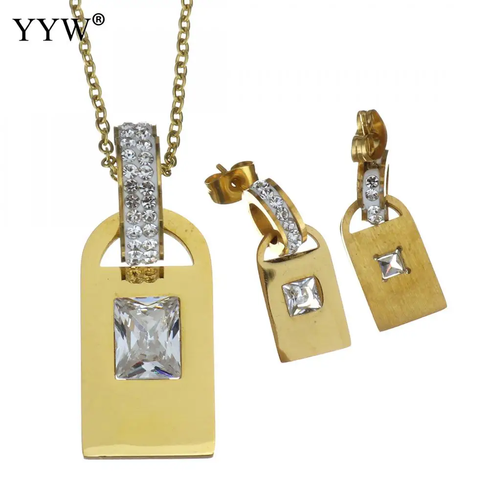 

Women Golden Bridal Jewerly Set Elegant Stud Earrings and Long Necklace Chain Rhinestone Crystal Beads mujer Jewelry Accessories