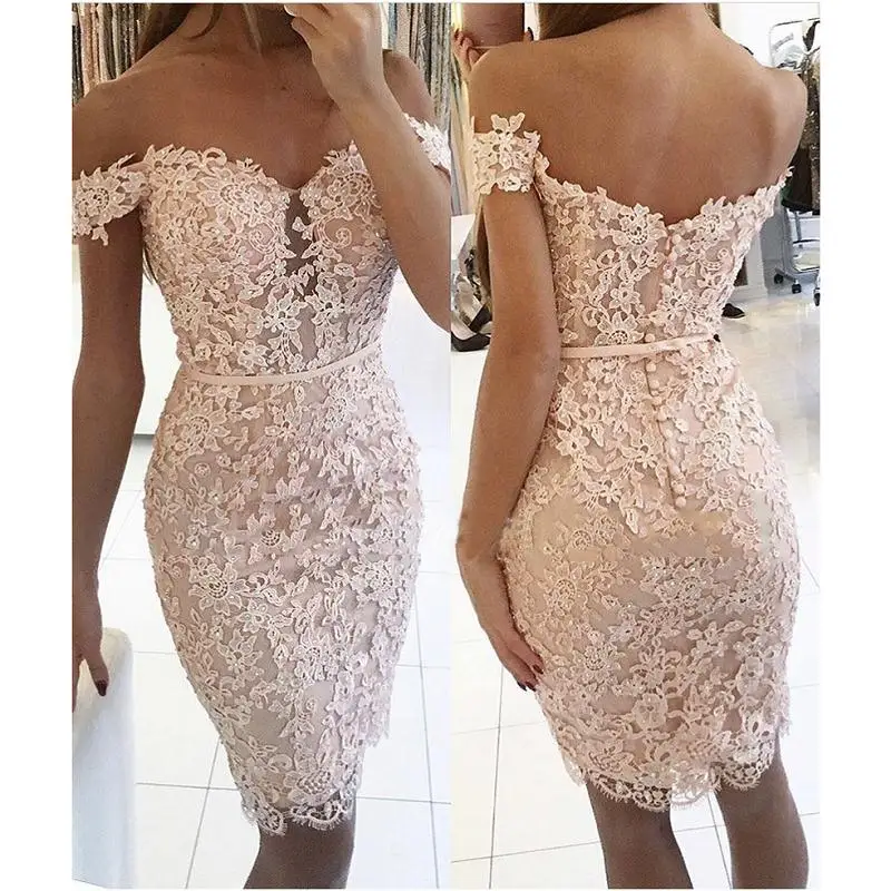 

Champange Lace Elegant Cocktail Dresses 2019 Off The Shoulder Buttons Back Short Mini Robe De Cocktail Party Gowns Custom Made