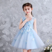 Элегантное модное платье принцессы для маленьких девочек небесно-голубого цвета на день рождения, свадьбу, вечеринку, цветы детское милое Пышное Платье-пачка