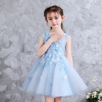 

Babies Girls Elegant Fashion Sky-Blue Color Birthday Wedding Party Flowers Princess Dress Children Kids Sweet Tutu Pageant Dress
