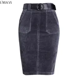 LXUNYI вельвет Для женщин Высокая талия юбка-карандаш Осенняя корейский Формальные обтягивающая юбка миди Повседневное женские юбки