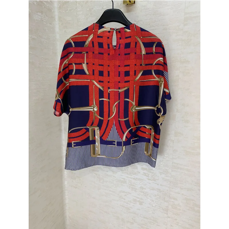 Осенняя и зимняя новая одежда женская рубашка с короткими рукавами и геометрическим принтом шелк темперамент Повседневный Свободный Топ