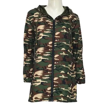 

Long Coat Women Spring Autumn Windbreaker Winter Jackets Pockets Hooded Coat Fashion Zipper Camouflage Coat Female M