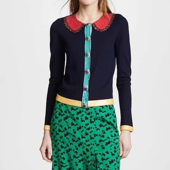 

2019 spring new sequined beaded collar long sleeve single breasted women sweet woolen cardigans coat