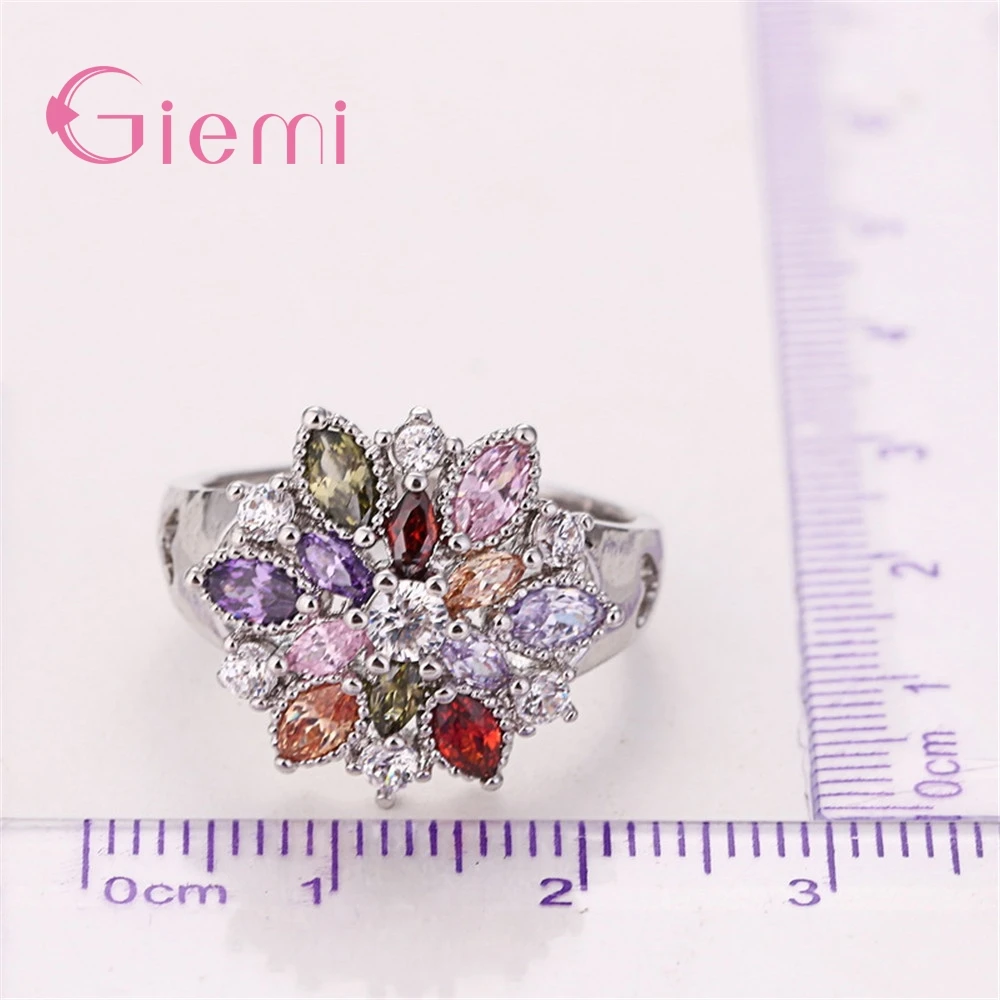 Sparkling 100% Solid 925 Sterling Silver Band Rings Colorful Flower AAA Cubic Zircon Stone Jewelry for Women Wedding Engagement