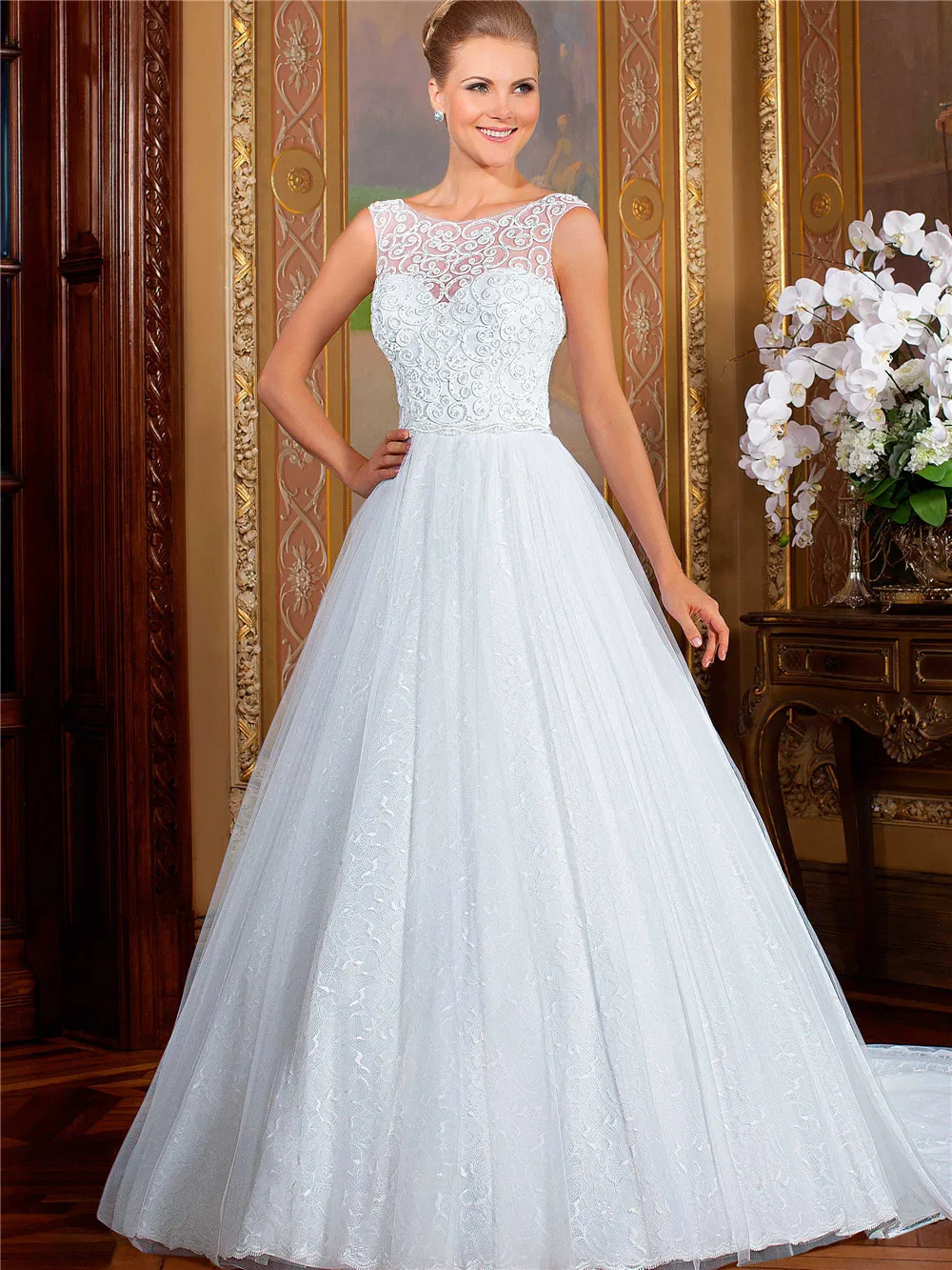 

Custom Made Wedding Dress Scalloped Neckline Beaded A-Line Lace Bridal Gowns Vestidos De Noiva Nova Bridal JG28