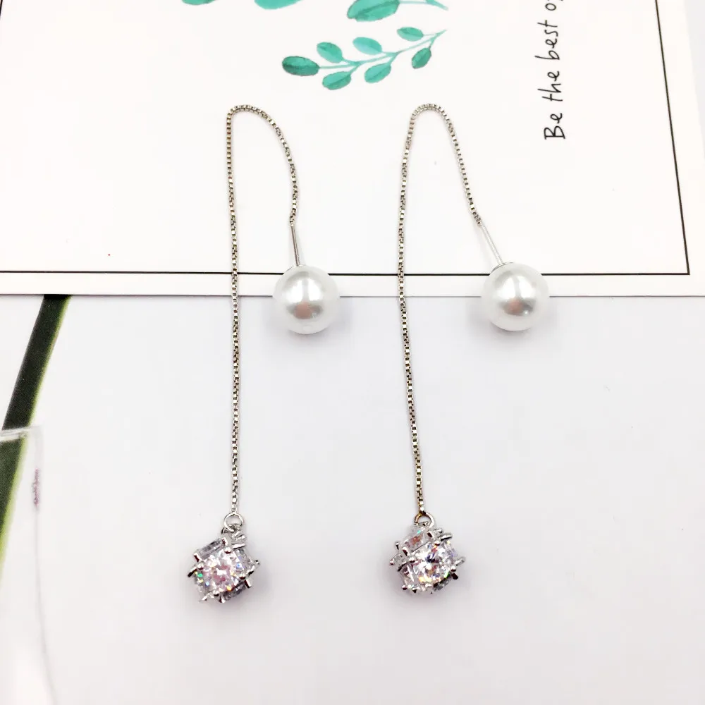 

New Hot Sale 925 Sterling Silver Zircon Ball Drop Earring for Women Long Chain Line Simulated Pearl Dangle Earring Jewellery