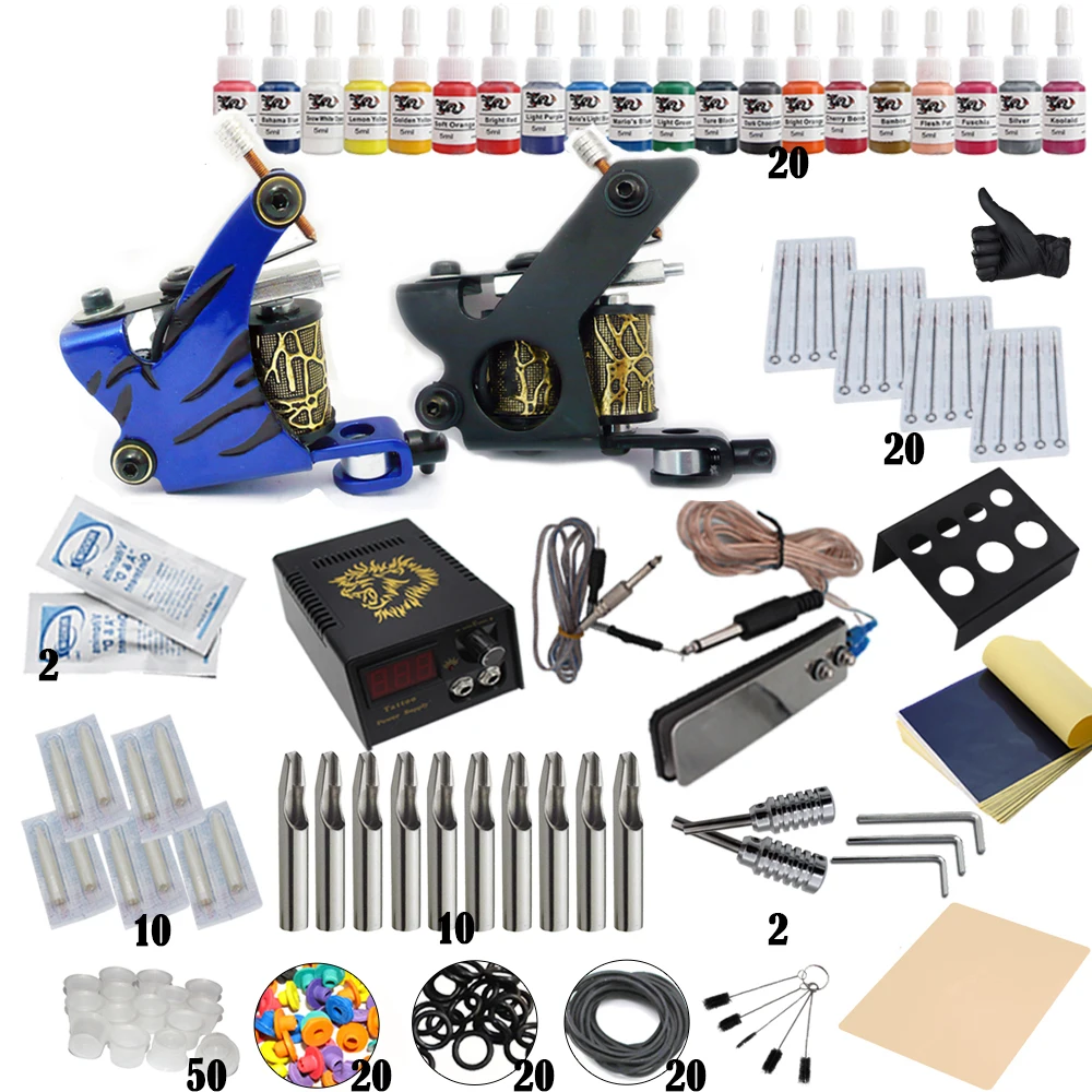 

Biomaser K2-1015 Complete Tattoo Machine Kit Set 2 Coils Guns 6 Colors Pigment Sets Power Tattoo Beginner Grips Kits Permanent