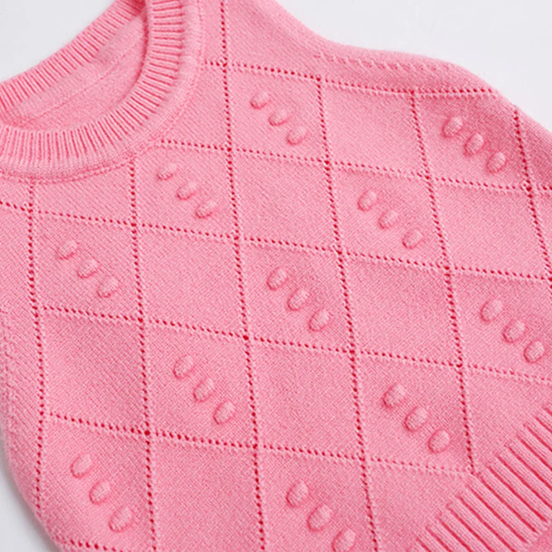 Hollow Out Baby Girl Sweater Vest Diamond Pattern O-Neck Sweet Princess Sleeveless Outfit Children's Knitting Pullover High Quality (2)