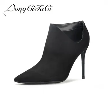 

DongCiTaCi Autumn Winter Women Ankle High heels Boots Shoes Woman Pumps Pointed toe Solid Wedding Boots warm Side Cut-outs 32-46