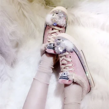 

canvas shoes crystal beaded plush women vulcanize for party banquet girls lady student gift-ideal flats sneakers
