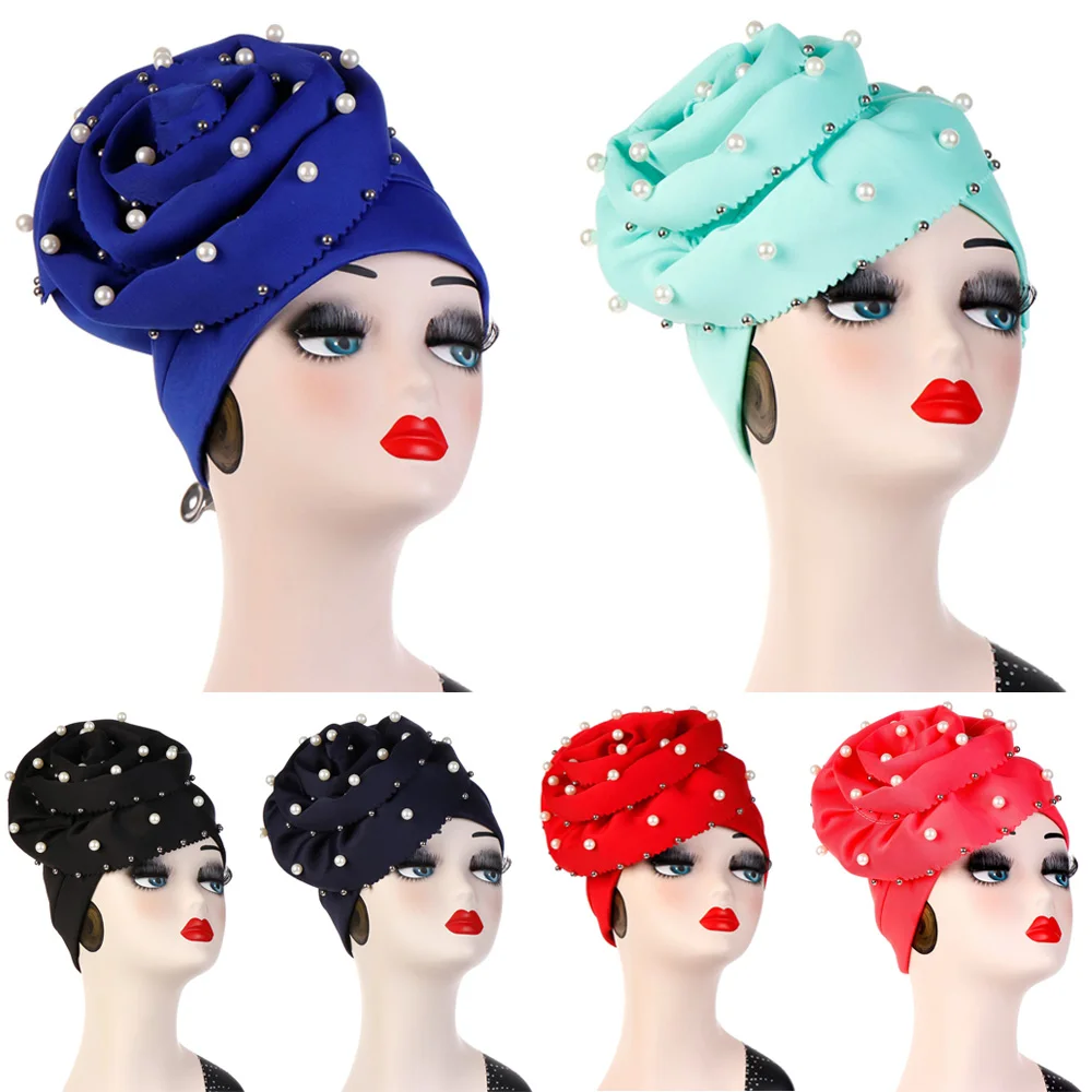 

Women Stylish Pearls Beaded Turban Hats Big Flower Headwear Headwarp Cap HATQD0052