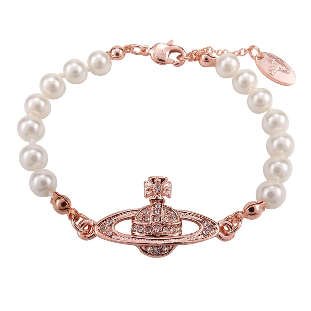 

XIAOJINGLING Crystal Rhinestone Saturn Planet Charms Bracelet Simulated Pearl Beads Wristband Women Bridal Wedding Jewelry Gifts