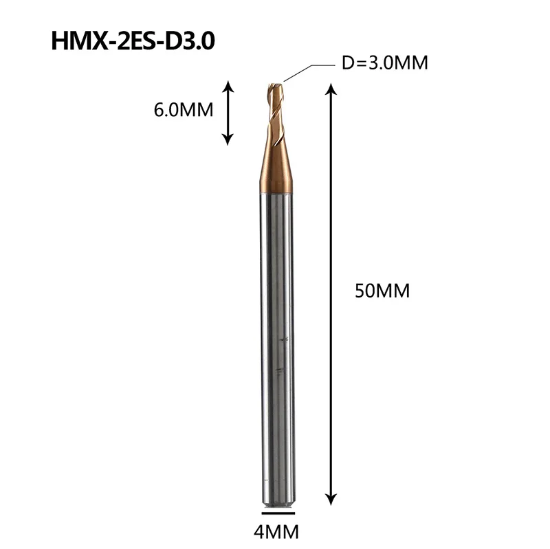 HMX-2ES твердосплавная 2 Флейта с нано покрытием крошечная Квадратная Головка Концевая фреза Фрезерный резак режущие инструменты для закаленной стали HRC68 - Длина режущей кромки: HMX-2ES-D3.0
