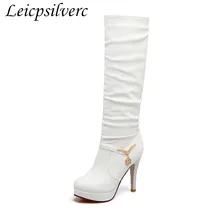 Пикантные рыцарские сапоги с высоким голенищем; сезон весна-осень-зима; женские водонепроницаемые сапоги с круглым носком на платформе и высоком каблуке; белые сапоги