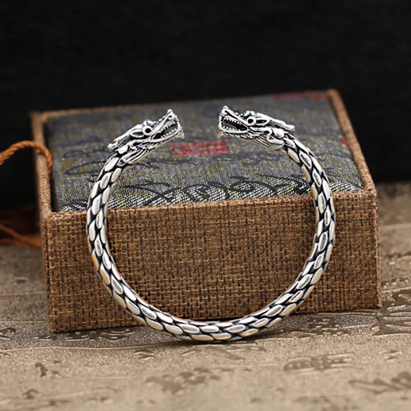 

Starfield S925 Sterling Silver Retro Thai Silver Ethnic Style Jewelry HKnit Double Tap Open Ended Men Women Bangle