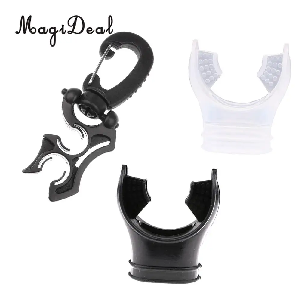 MagiDeal 2Pcs Durable Soft Silicone Dive Mouthpiece Regulator & Tie Wrap + Double Hose Holder Clip for Scuba Diving Snorkeling