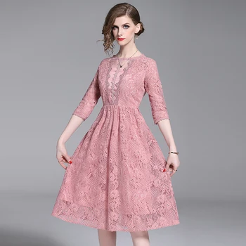 

HAMALIEL Summer Lace Dress New 2019 Fashion Women Pink Hollow Out Crochet Dresses Elegant Slim Lady Office Lady O Neck Vestidos
